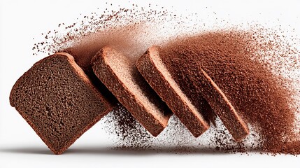 Slices of brown bread with powder scattering in dynamic motion capturing a creative moment