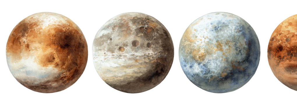 Four stylized, round celestial bodies, displaying varied surface textures and colors