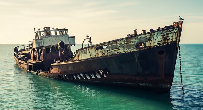 Abandoned Ghost Ship with Seagulls at Sea - Powered by Adobe