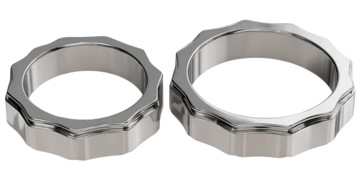 Two interlocking, metallic rings with a distinct, multifaceted design