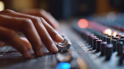 Close medium shot of hands finetuning sliders on an objectbased audio control panel the foreground in crisp detail while the surrounding studio fades gently into soft focus.