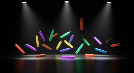 Colorful crayons scattered on stage