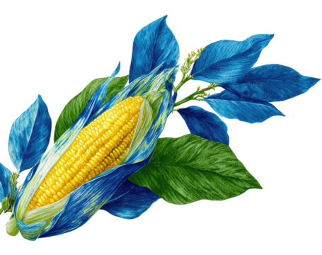 Vibrant corn cob with deep blue leaves