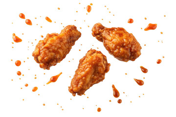 Three delicious chicken wings with sauce splatters isolated on transparent background