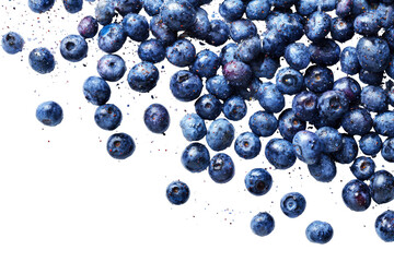 Close-up of numerous blueberries scattered against a black background