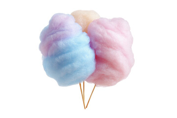 Two fluffy, pastel-colored cotton candy swirls on wooden sticks