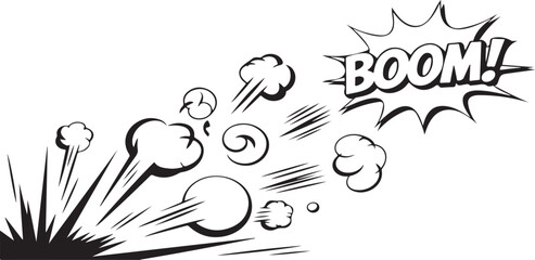 Naklejka premium This dynamic black and white graphic depicts a powerful explosion, complete with swirling smoke, speed lines, and a large 