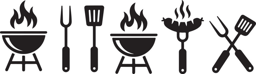 BBQ grill icon set. Barbecue, bar-b-q, spatula, grill fork, picnic, fire - stock vector.
