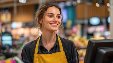image of happy cashier woman on workspace in supermarket shop looking aside no logos no brands ar 169