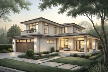 Modern luxury residence with lush landscaping and warm exterior lighting