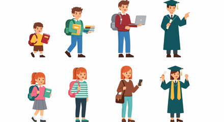 Diverse Students - A Collection of Cartoon Characters in Various Educational Stages.