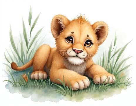 Cute watercolor painting of curious lion cub lying in green grass. Adorable baby animal illustration, perfect for children books, posters cards. Playful nature, innocent eyes capture wild spirit of