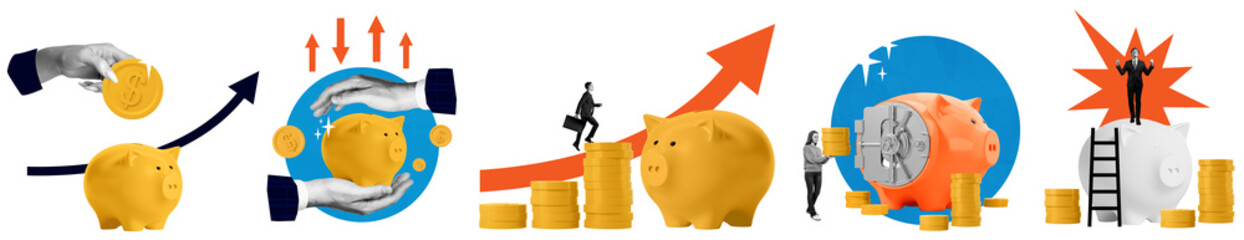 Piggy banks with coins and business people in various financial scenarios, collage style on white...