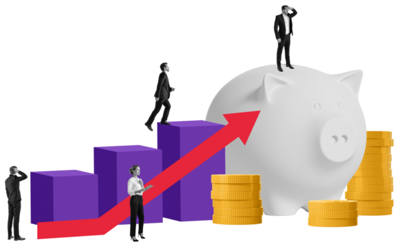 Businesspeople, purple bars, red arrow, and white piggy bank with gold coins isolated on white background, symbolizing financial growth and investment success
