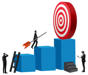 Businessmen on blue podiums aiming for a red target, collage style with isolated figures on white background, concept of goal setting and success