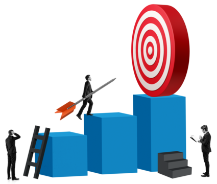 Businessmen on blue podiums aiming for a red target, collage style with isolated figures on white background, concept of goal setting and success