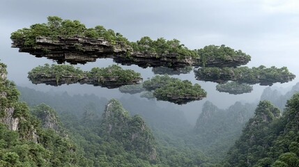 Fototapeta premium Floating islands with lush greenery over a misty mountain valley during twilight