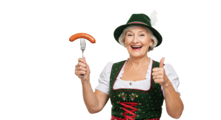 Elderly woman in Bavarian costume holding sausage isolated on white background