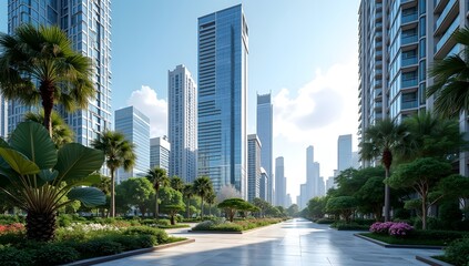 A professional architectural visualization of a commercial or residential area, showing a broad street with a central pedestrian walkway, perfect for urban development and city planning concepts.