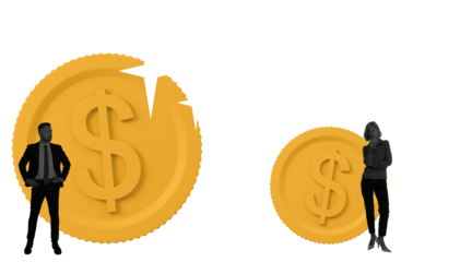 Businessman and businesswoman beside large and small yellow dollar coins, isolated on white, illustrating financial gap and income inequality concept