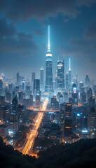 Glowing City Skyline at Night: Futuristic Urban Landscape