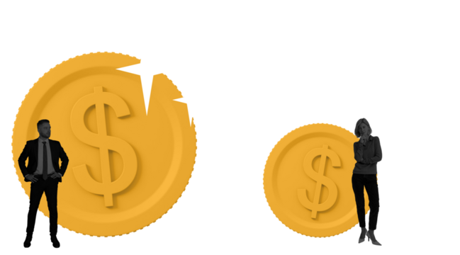 Businessman and businesswoman beside large and small yellow dollar coins, isolated on white, illustrating financial gap and income inequality concept