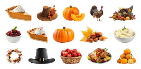 PNG Thanksgiving harvest feast elements, element set on transparent background