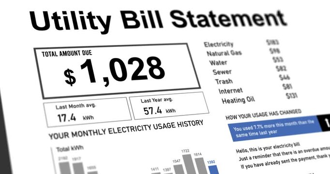Animated utility bill statement with increasing price animation, gas, electricity, water and sewer invoices, trash and heating oil, footage