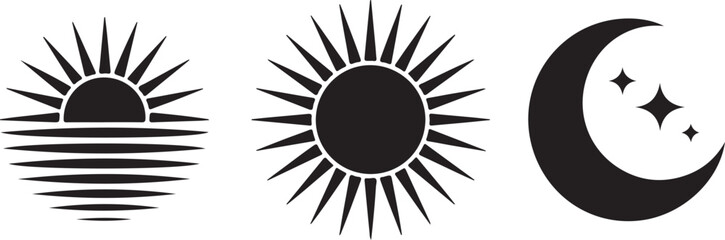 Bundle of black silhouettes of rising or setting sun, crescent moon and stars. Collection of day and night time pictograms. Set of design elements isolated on white background. Vector illustration