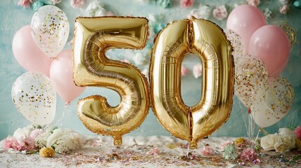 Elegant celebration for a 50th birthday with balloons and decorations