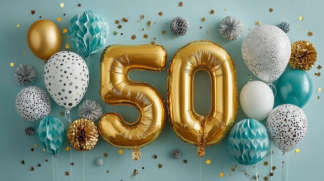 Colorful decorations for a 50th birthday celebration with balloons and ornaments