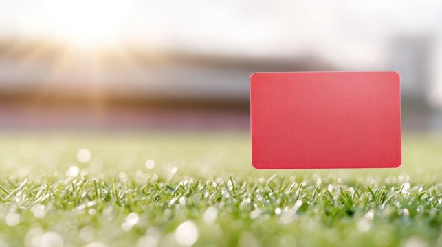 Blank Red Card: A close-up shot showcases a vivid red card resting on a verdant field of natural grass, with a soft, out-of-focus background of a stadium.