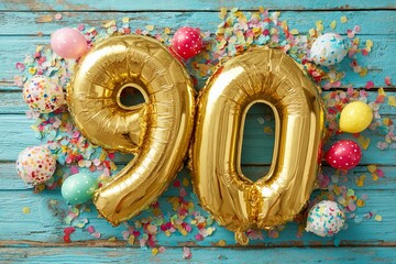 Celebrating a 90th birthday with gold balloons and colorful confetti on a wooden table