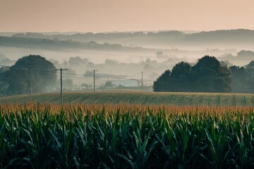 Morning mist envelops cornfields in rural landscape during dawn hours