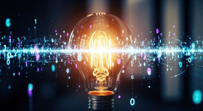 Glowing light bulb with filament surrounded by digital data stream, representing innovation, technology, and future concepts.