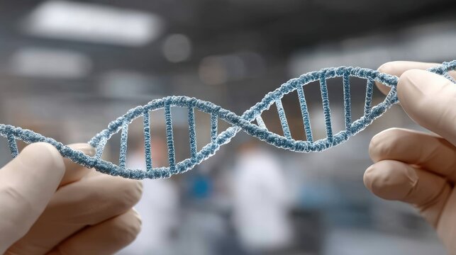 Hands holding a blue DNA double helix model in a laboratory setting with researchers in the background conducting experiments - Powered by Adobe