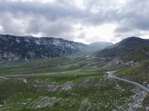 Scenic aerial view of mountain valley along P14 road in Durmitor National Park Montenegro