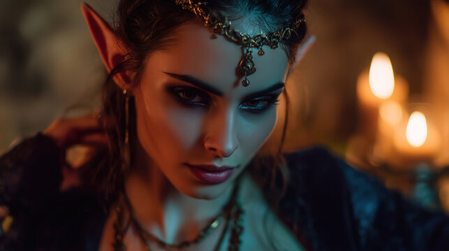 Dark elf character surrounded by candlelight in a mystical fantasy setting