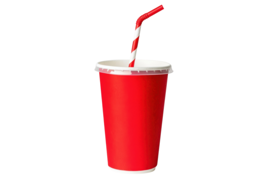 Red paper cup with a straw, beverage container for cold drinks