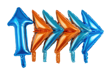 Alternating blue and orange arrow balloons in a row