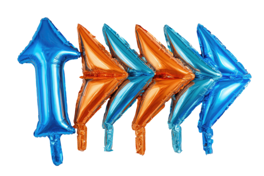 Alternating blue and orange arrow balloons in a row