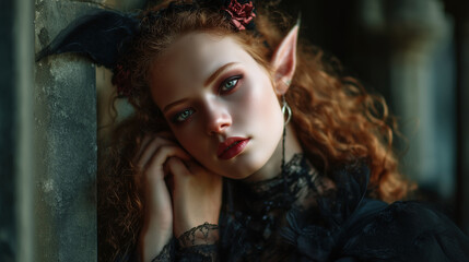 Fototapeta premium Dark elf character with enchanting features in a mysterious fantasy setting at twilight