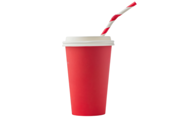 Red paper cup with a striped straw for drinks, refreshment