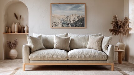 Elegant Beige Sofa in Modern Living Room with Neutral Decor and Natural Light
