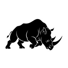 Stylized Rhino Silhouette: A powerful, black-and-white vector illustration of a charging rhinoceros with a dynamic pose and thick, bold lines
