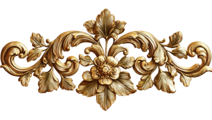 Ornate golden decorative element.  A detailed,  gold-colored  floral  design with  intricate carvings