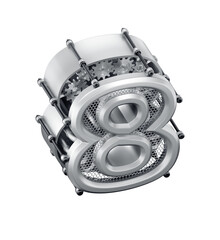 The Number Eight. A 3D digit with a modern steampunk aesthetic, set against a transparent background. A 3D rendered graphic presented in an isometric projection.