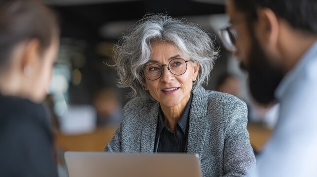 mature older ceo businesswoman mentor in glasses negotiating growth business plan with diverse executive managers at boardroom meeting table using laptop multicultural team work together in office no - Powered by Adobe