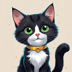 Cute cartoon black cat with green eyes and golden collar sitting in a colorful fantasy garden with flowers, hearts, and glowing sunset background illustration.