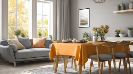 living and dining room interior with grey couch and table covered with orange tablecloth no logos no brands ar 169
